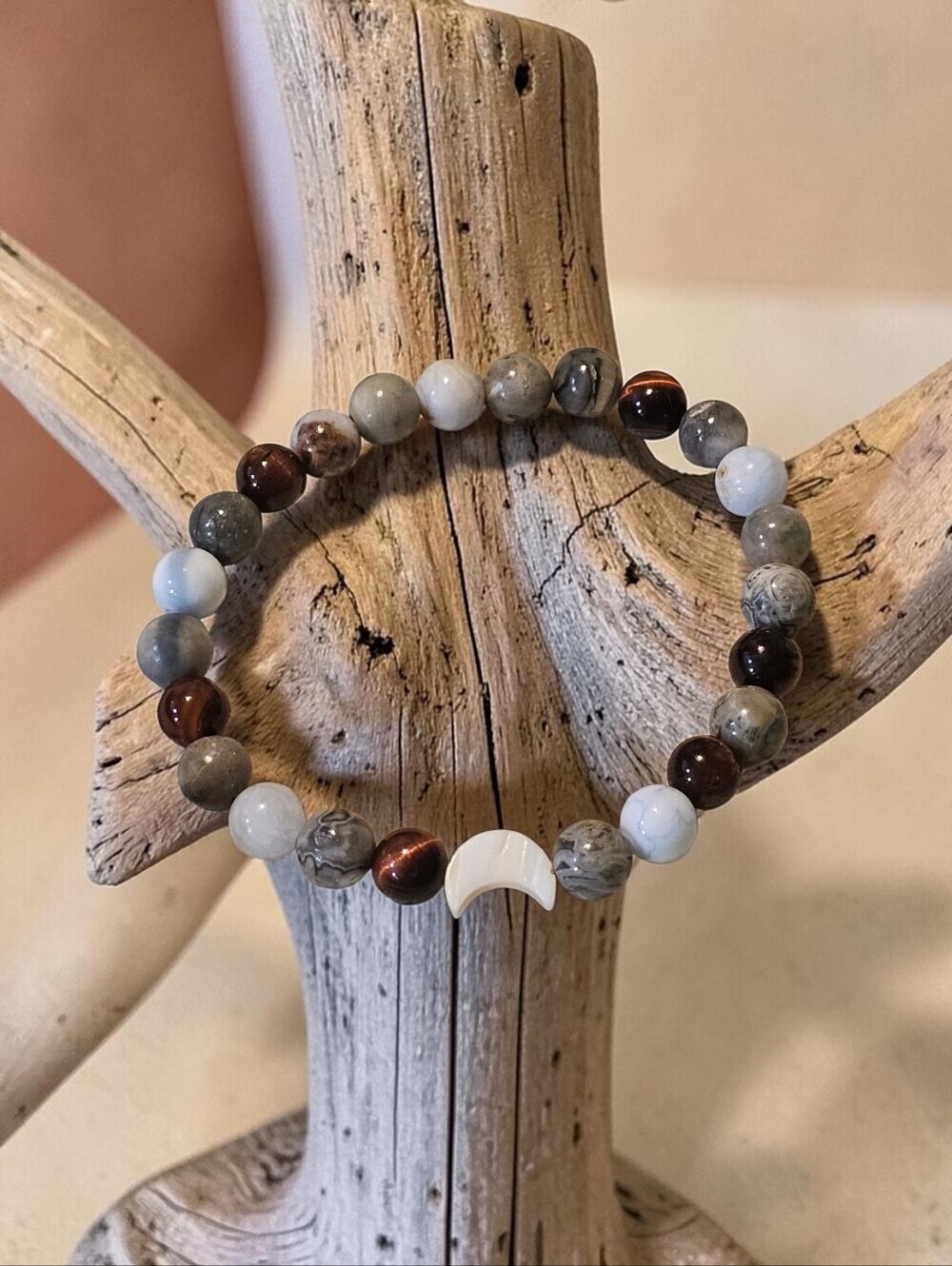 Earth Tone Grounding Bead Bracelet with White Crescent Accent